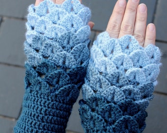 Hand Crocheted Fingerless Gloves, Gloves & Mittens, Winter Accessories, Blue,Crocodile Stitch, Dragon Scales, Dragon Stitch, READY TO SHIP