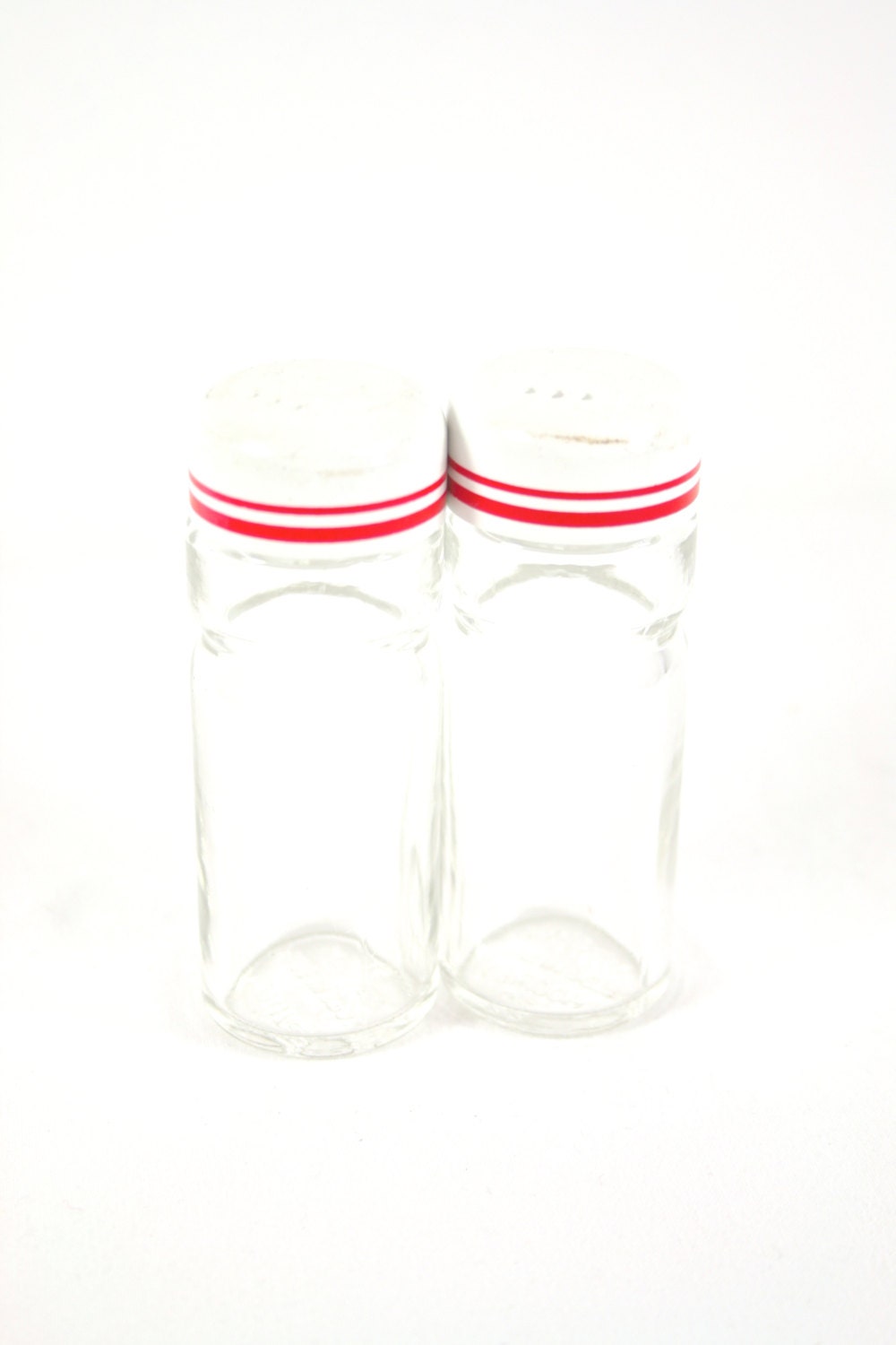 Glass Salt and Pepper Shakers Red White Stripe Spanish Decor Made in