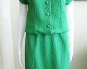 Mid Century Green Dress Skirt Top Set I.Magnin and Company short sleeve Brocade