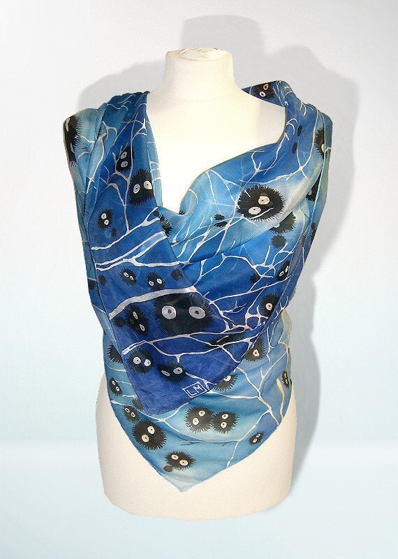 Big scarf Totoro with Soot Sprites silk scarf blue scarf