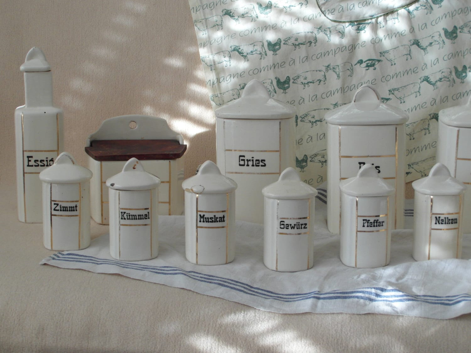 Antique Kitchen Container Set of 14 Spice jars flour oil sugar