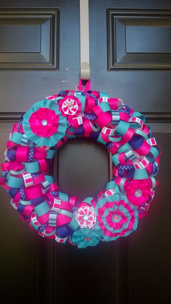 Items similar to Bright Blue and Pink Spring/Summer Ribbon Wreath with