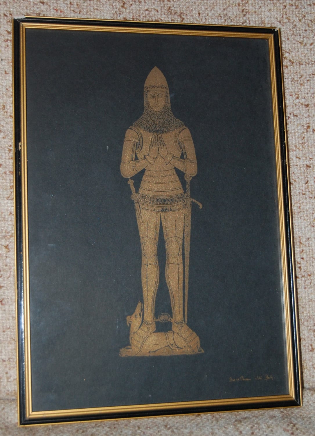 1960s Framed Brass Rubbing of British Knight by Irene Cowan