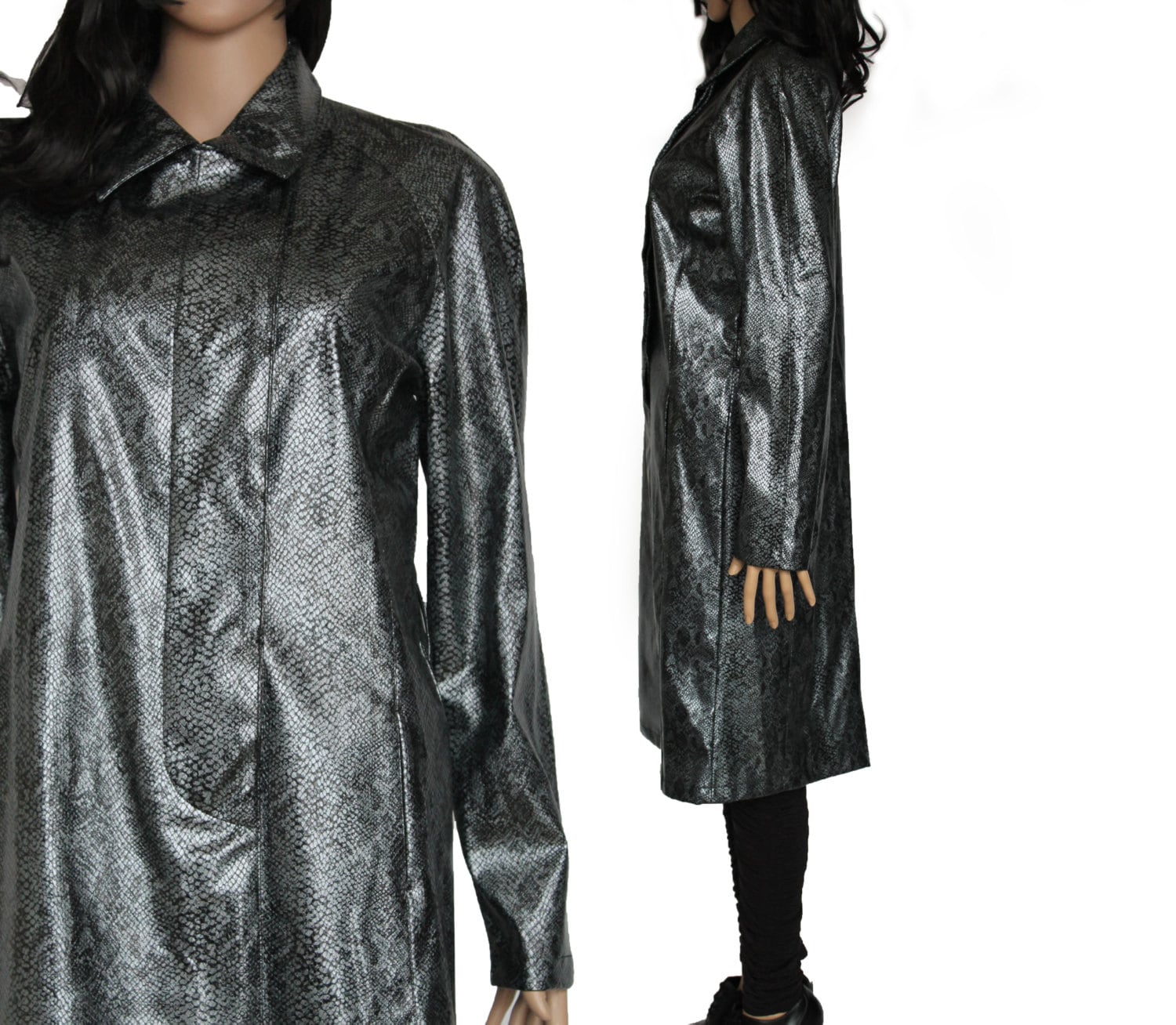 Metallic PVC Rain Coat Silver Blue Polyurethane Jacket Long