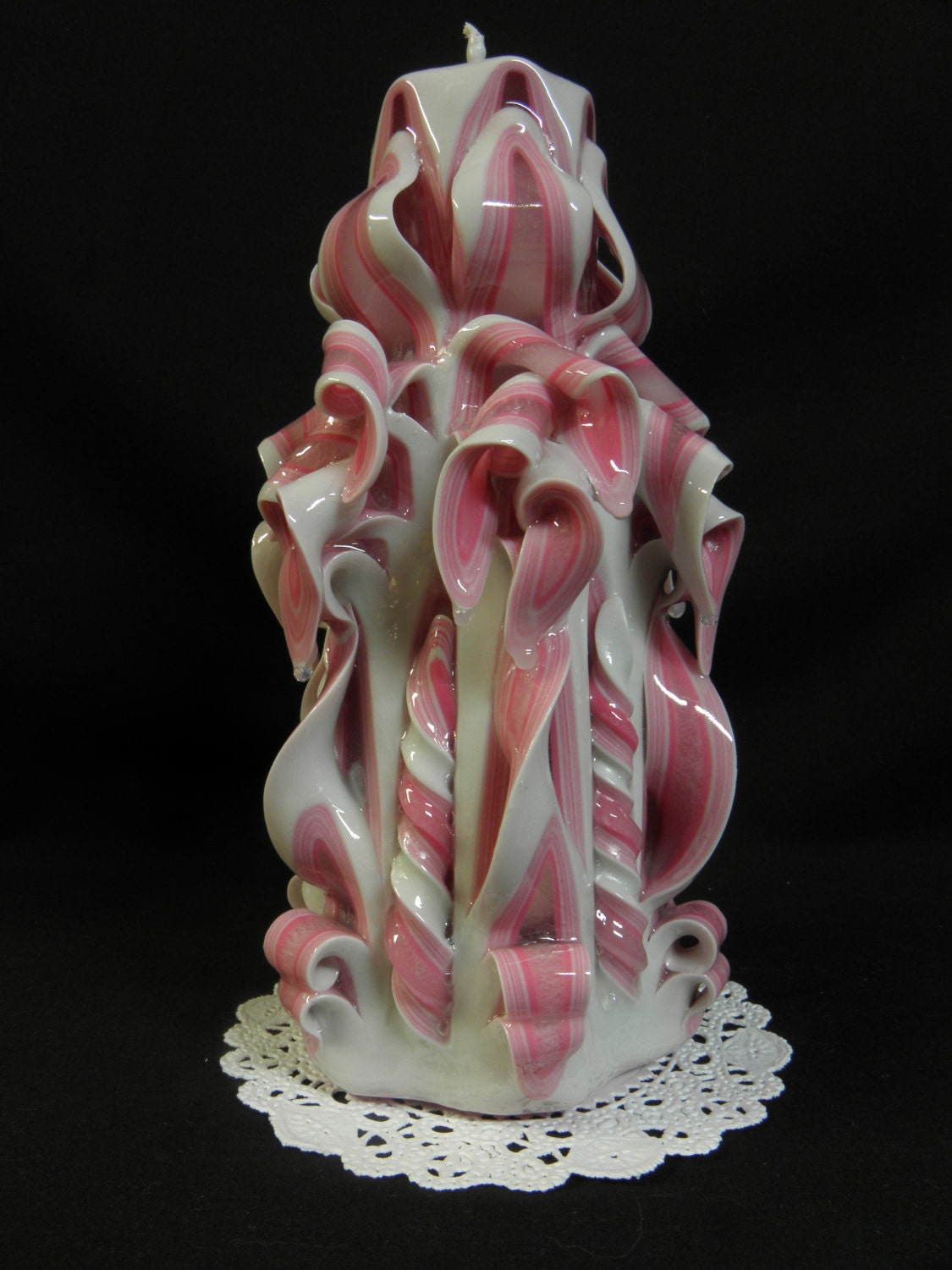 Hand Carved Candle White and Pink Ribbon Carve 7.5 Inch