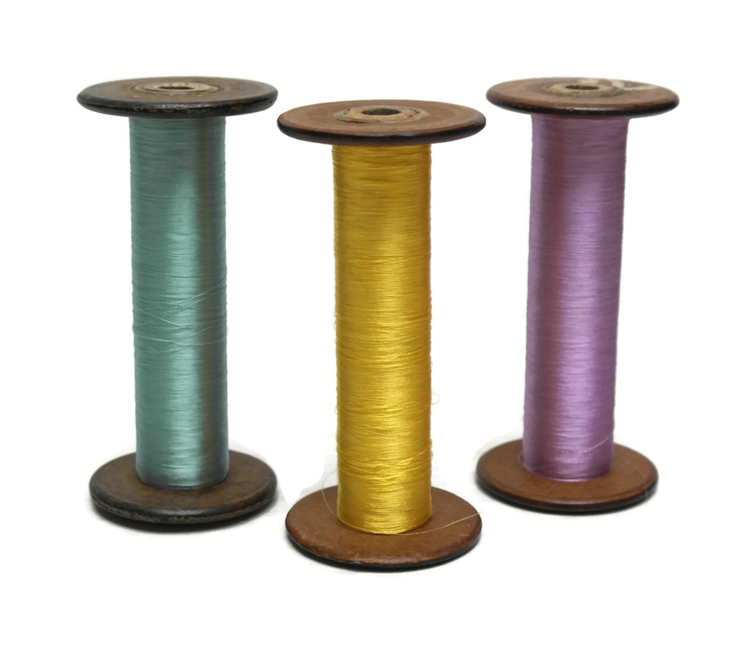 Antique French Wooden Bobbins. Large Weaving Spools. Bobbins and Thread.