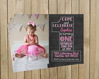 Vintage Chalkboard One First Birthday Invitation, Pink, Printable, Custom Digital File