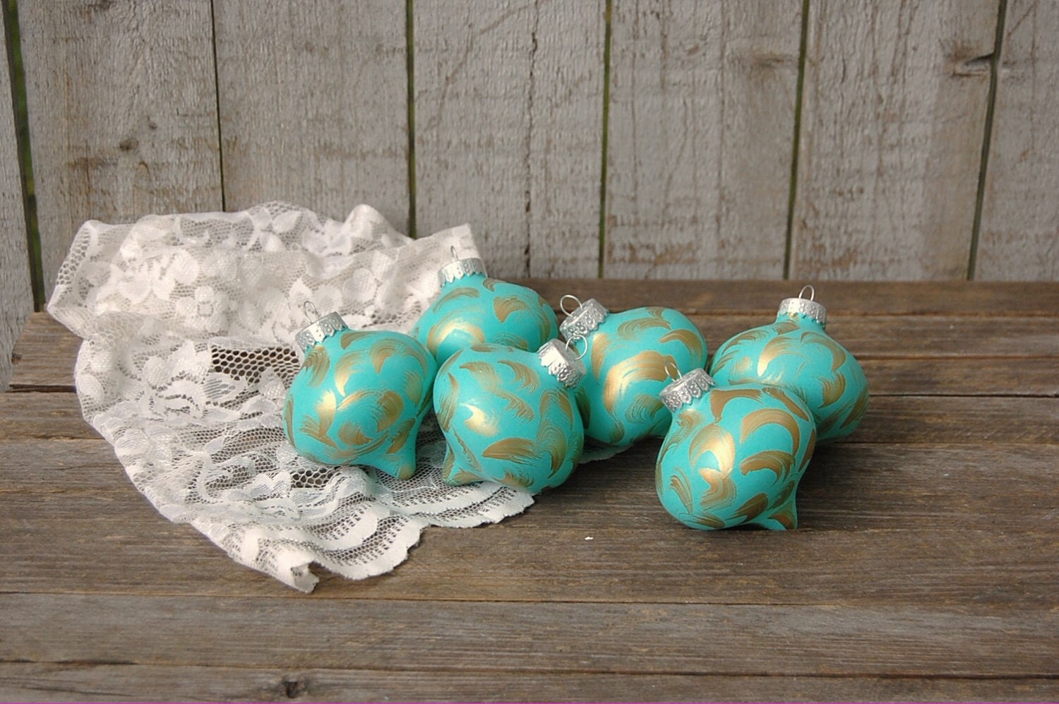 Hand Painted Christmas Ornament Turquoise Aqua Gold Shabby