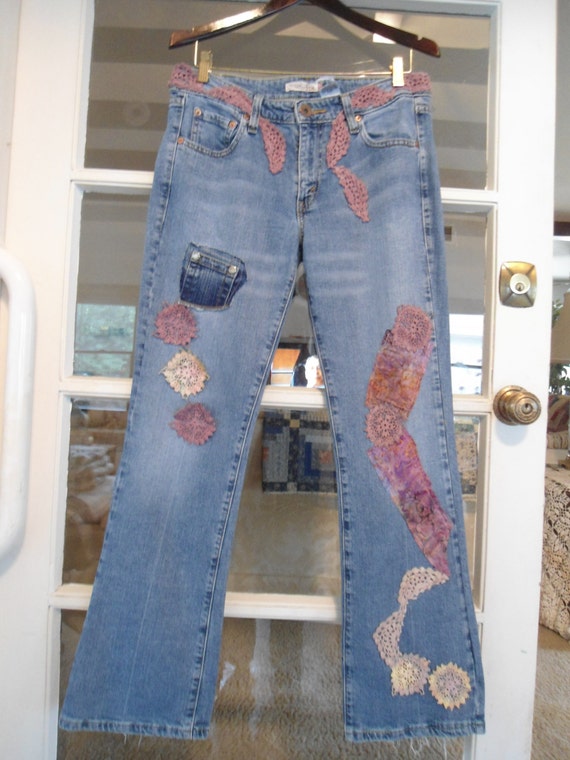 Levis Denim Hippie Jeans Upcycled Clothes Crochet Lace Patches