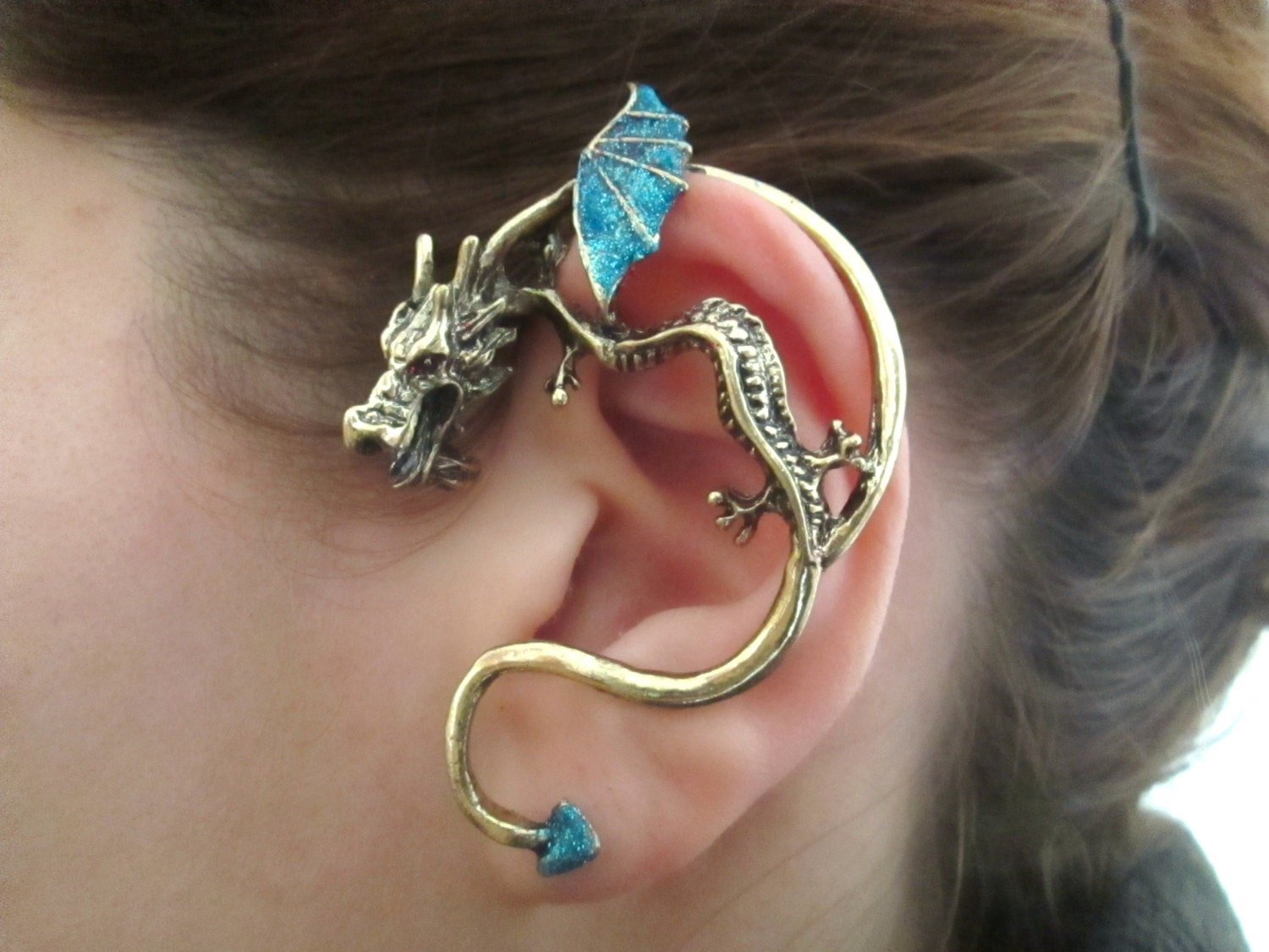 Fantasy blue glitter dragon ear cuff earring