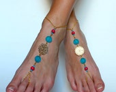 Golden Barefoot Sandals Chained Beaded Foot Jewelry Anklet in Gold Plated Metal