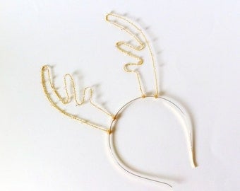 Gold Crystal Reindeer Antler Headband, Rudolf Antlers With Swarovski Elements, Wire Deer Ears, Christmas Hair Band