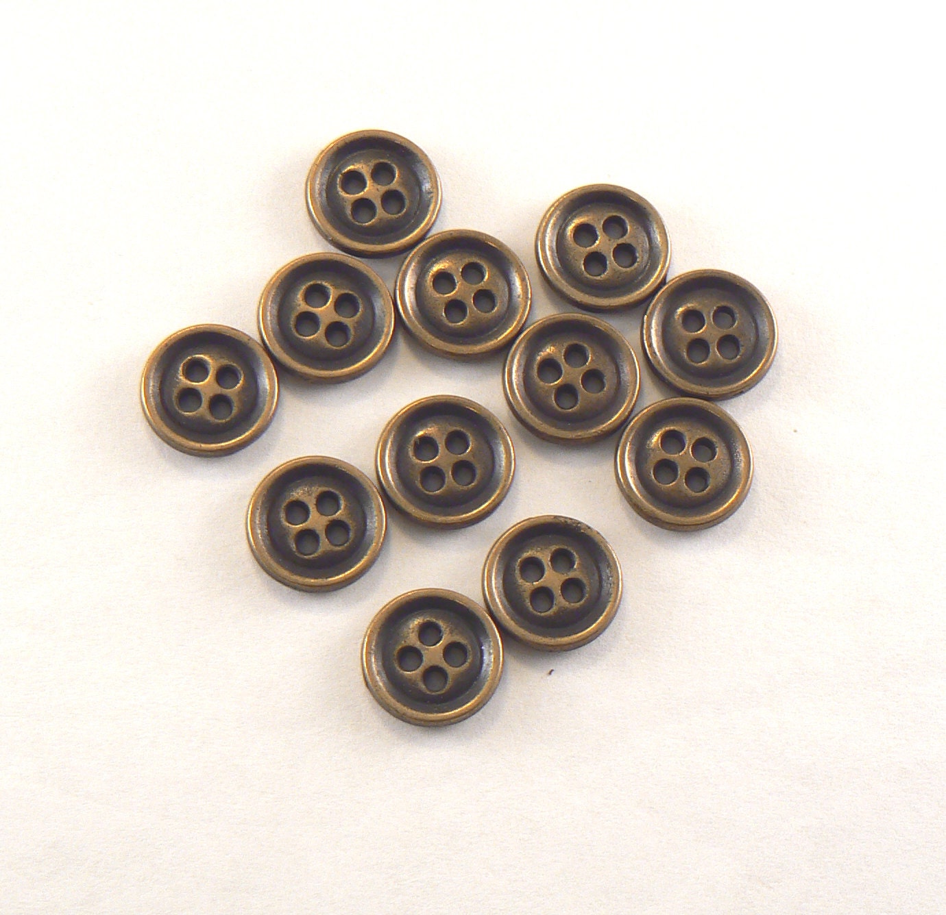 12 12 mm Cast Metal Buttons Antique Brass Tone 4 Hole