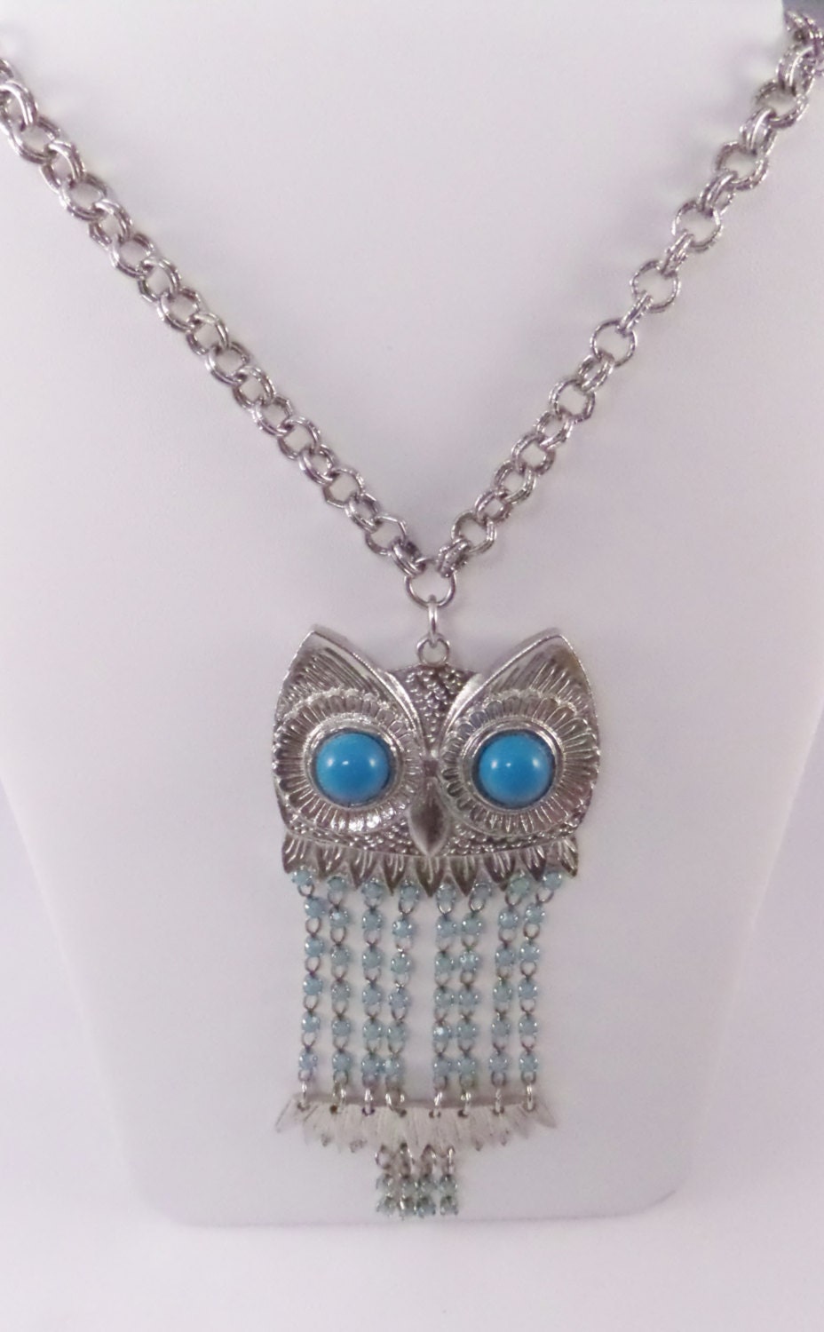 1970s Silver Owl Necklace Turquoise Prong Set Stones Pendant 5389