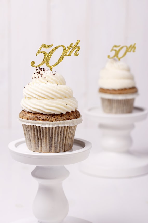 Gold Glitter 50th Anniversary Cupcake Topper Set of 10