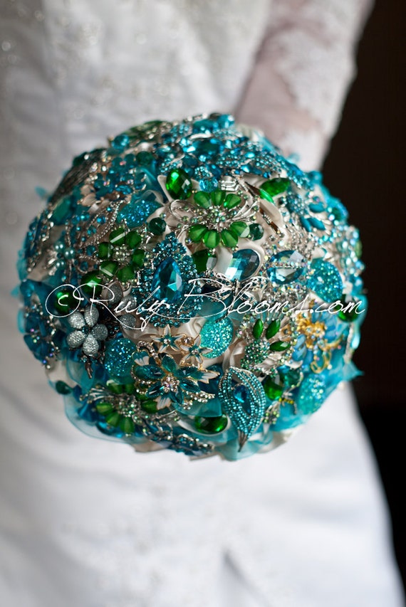 Turquoise Blue Wedding brooch bouquet. Ocean by Rubybloomscom