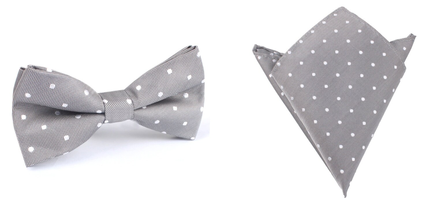 Matching Bow Tie Pocket Square Combo Grey with White Polka