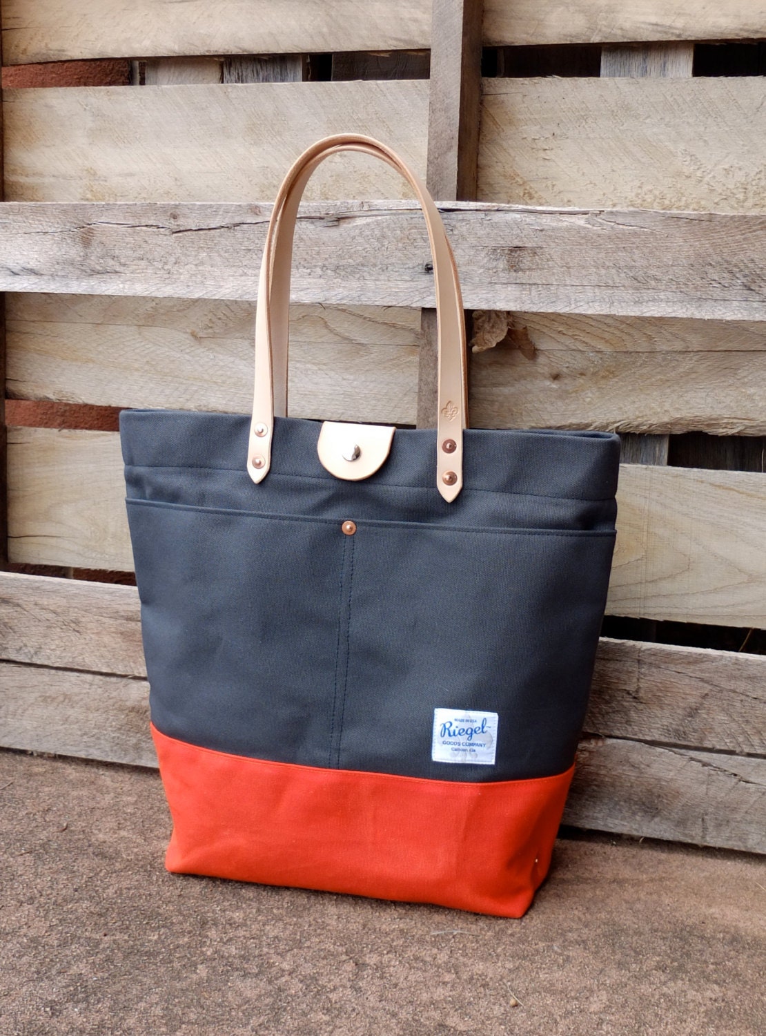 Waxed Canvas Tote Bag with Leather Handles and Snap Closure