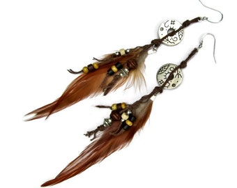 Items similar to Moma Dance : Extra long funky boho feather earrings on ...