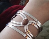 Silver Modern Art Nouveau Cuff Bangle Bracelet with Rhodonite Stone