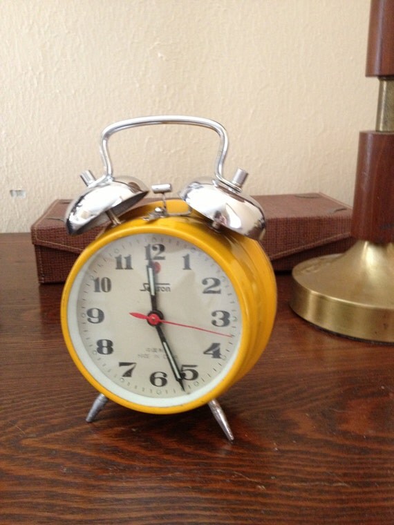 Fab Yellow Twin Bell WindUp Alarm Clock 1970s from