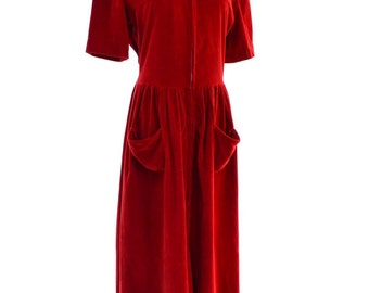 Red Velvet Dress // 1930s - 1940s Red Vintage Dress // Size 10 - 12 ...