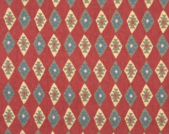 Southwest Style Diamond Chenille Upholstery Fabric By The Yard | Red, Blue And Beige | Pattern # J754