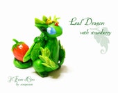 Leaf Dragon with strawberry. OOAK cold porcelain miniature hand-modeled and painted with decorative strawberry, fantasy collection