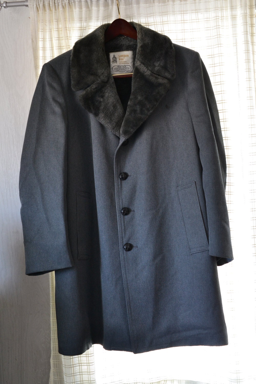 London Fog Men's Faux Fur Trimmed Overcoat Vtg 60s 70s
