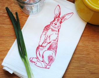 Red Rabbit Flour Sack Towel - Screen Printed - Cotton Kitchen Towel - Eco Friendly Woodland Animals Towels - Hand Towel Cup Towel