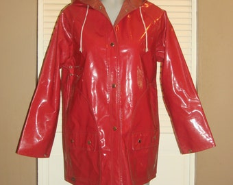 Vintage AQUASHEEN Pink VINYL Hooded Shiny Rain Coat SLICKER Raincoat~M~