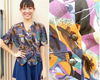 CLEARANCE SALE/ Vintage Blouse/ Abstract Modern Art Blouse/ Medium Blouse/ Large Blouse/ Kitsch Blouse/ Sheer Blouse/ Japanese Vintage