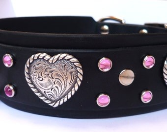 Leather Dog Collar, Girl Dog Collar , Wide Heart Leather Collar, Large ...