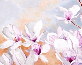 Magnolia Blossoms Original Botanical Painting Acrylic on Canvas 15"x30"