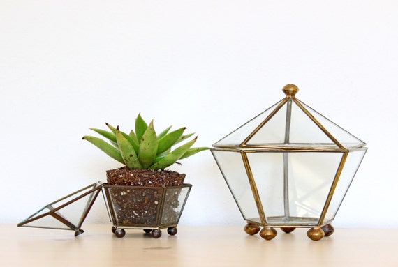 Vintage Brass and Glass Box - Pentagon Pentagonal Curio Terrarium Display Case Jewelry Box Wedding Ceremony Ring Bearer Large Big Small