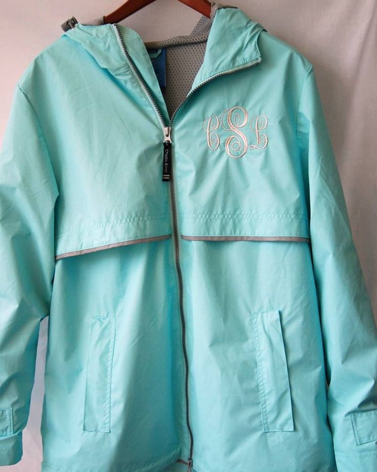 Custom Monogram Embroidery On Teal Rain Jacket