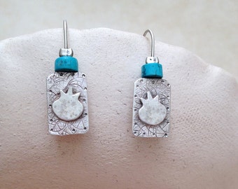Pomegranate earrings , Sterling silver , hammered earrings , Rimon earrings , Turquoise jewel , Rosh Hashanah gift