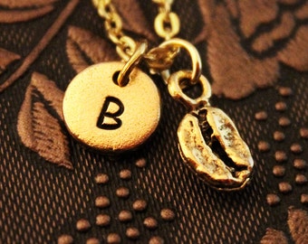 Coffee Bean Necklace VERY SMALL Initial Necklace Personalized Necklace, Engraved Necklace, Coffee Necklace, Monogram Necklace, Gold Necklace