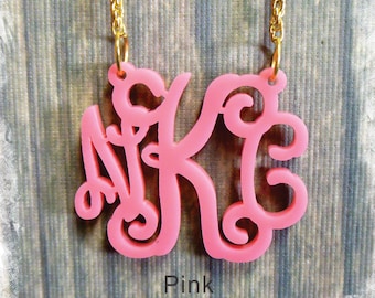 Monogram Necklace - Vine Monogram 3 Initial Name Acrylic Monogram Jewelry -Pink Necklace