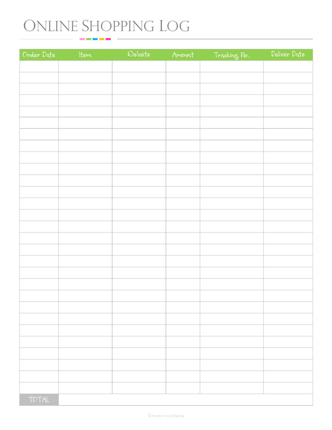 Online Shopping Log PDF Planner shopping log for online