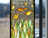 Stained Glass Panel Orange Flowers, Glass Art Panel, Unique Glass Panel