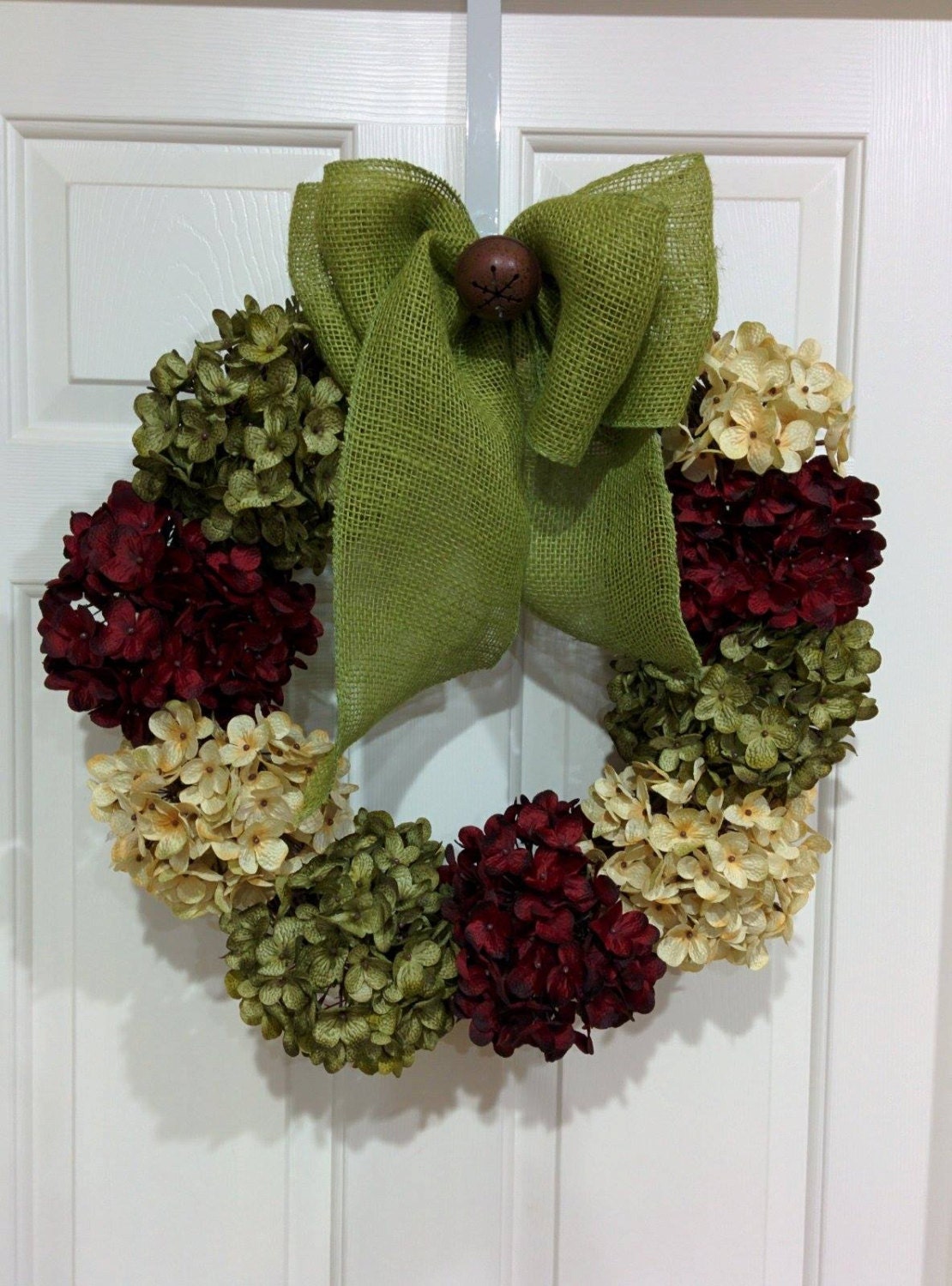 Hydrangea Holiday Wreath-Large Green Burlup- Grapevine Wreath- Jingle Bell-Christmas Gift-Housewarming Gift-Front Door Wreath