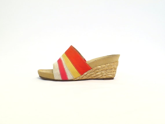 Wedge Sandal Raffia Sandal Red Yellow Stripe Woven Sole Mule Shoe Boho ...