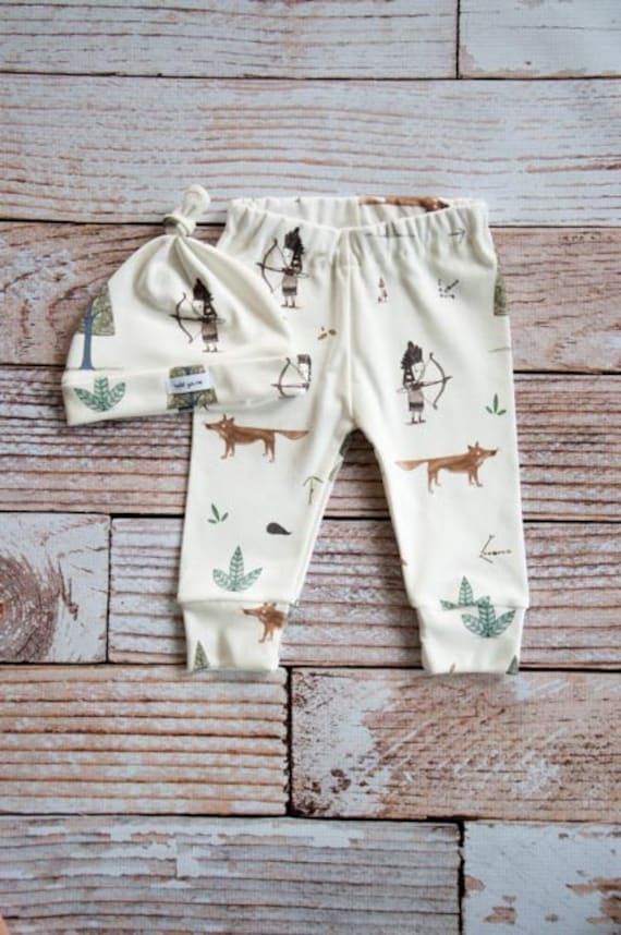 organic baby leggings, baby pants, baby leggings and hat, toddler pants, organic baby, Indian, woodland hat set, fox, baby gift