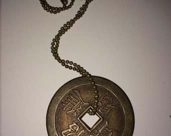 Vintage Asian Primitive Pendant Necklace Brass Bronze Color