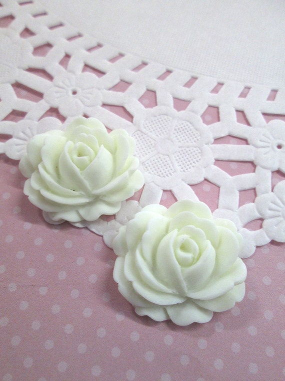 white Cabbage Rose Flower Cabochons 26x22mm by HappyKawaiiSupplies