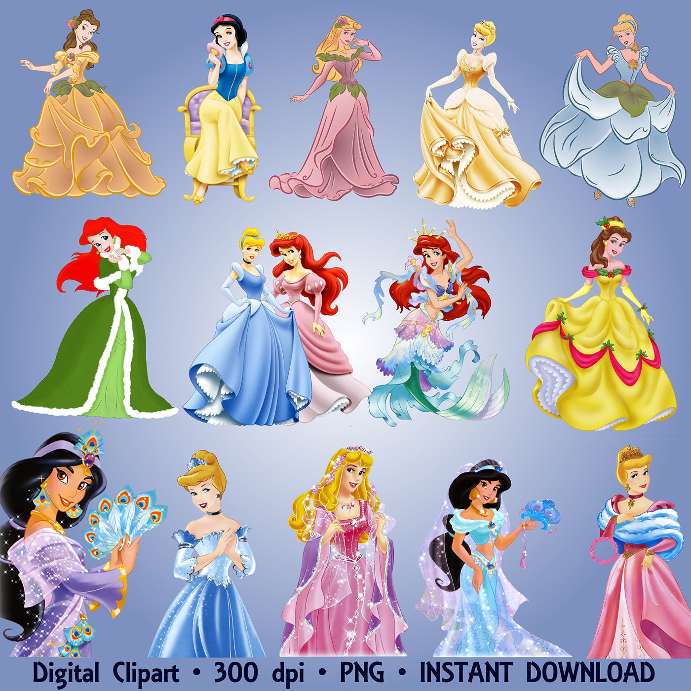 Disney Princesses Clipart Party 40 PNG Set Ariel Jasmine Snow