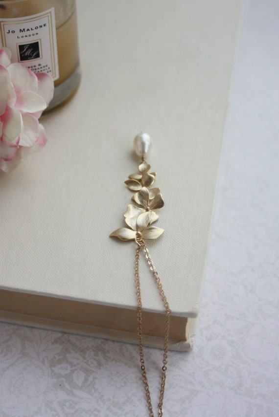 Long Orchid Flowers Pearl Gold Necklace. Gold Orchid Jewelry.