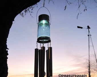 Mason Jar Windchime Light Solar Upcycled Garden Decor, Recycled Wind Chime Mason Jar Solar Light
