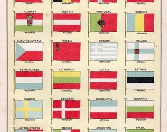 Items similar to Antique National Flags Print Vintage 1900 Old Color ...